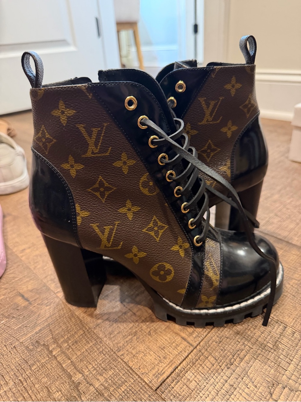 Louis Vuitton Black and Brown Monogram Lace-Up Platform Ankle Boots